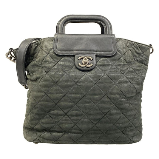 Chanel Shoulder Bag Quilted Black Lame 2-Way Vintage Silver Chain Leather