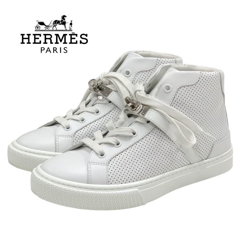 Hermes Daydream Sneakers High Cut Shoes Kelly Hardware Leather White