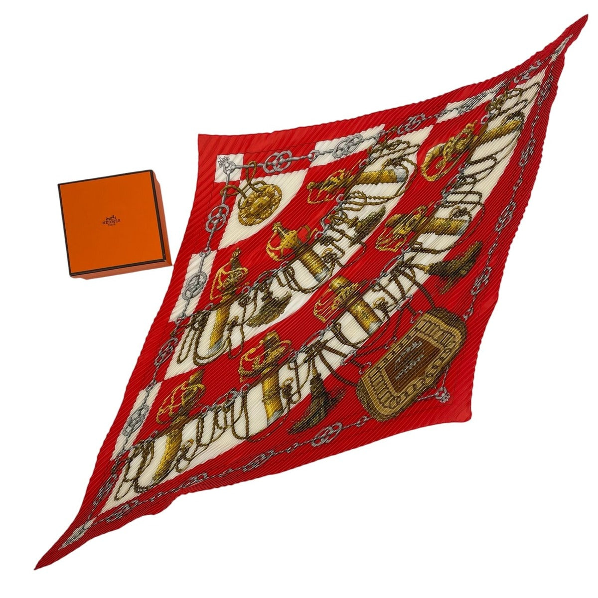 Hermes Scarf Pleats Silk Cliquetis Ticking Sword Handle Red