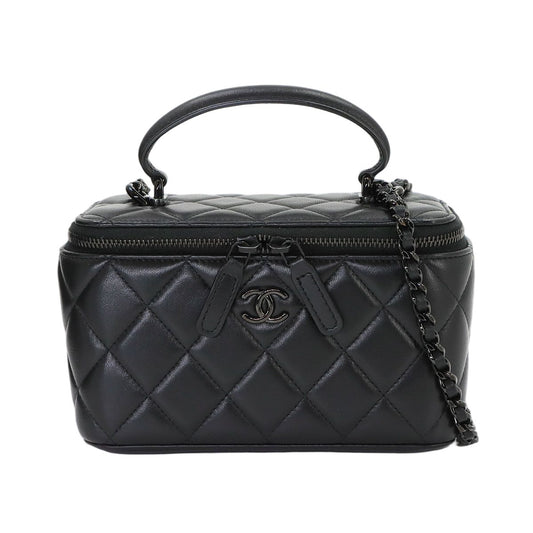 Chanel Quilted Vanity 2-Way Hand Chain Shoulder Bag Lambskin Black