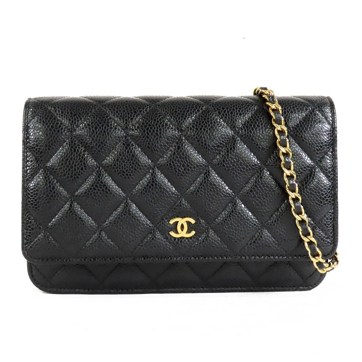 Chanel Chain Wallet Black Gold Caviar Leather CC Logo Shoulder Bag