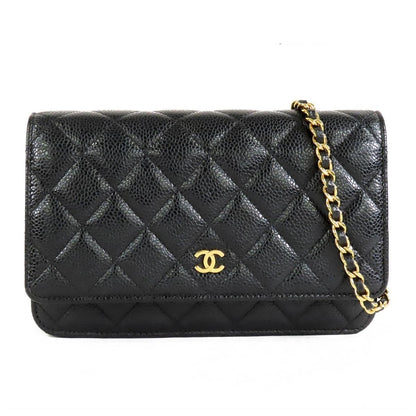 Chanel Chain Wallet Black Gold Caviar Leather CC Logo Shoulder Bag