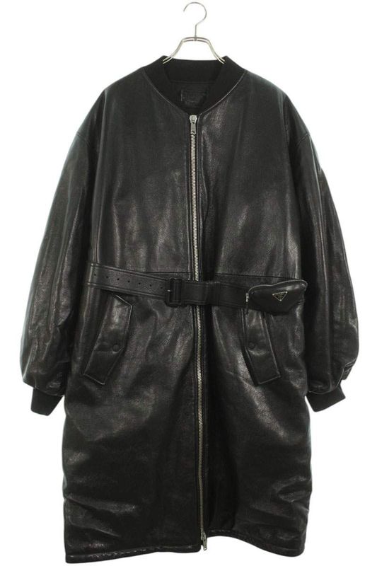 Prada Ups582 S222 11KD Leather Coat With Belted Pouch Men's M
