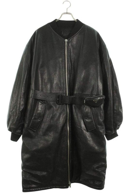 Prada Ups582 S222 11KD Leather Coat With Belted Pouch Men's M