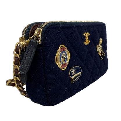 Chanel Shoulder Bag Marine Cotton Navy Gold — view 2