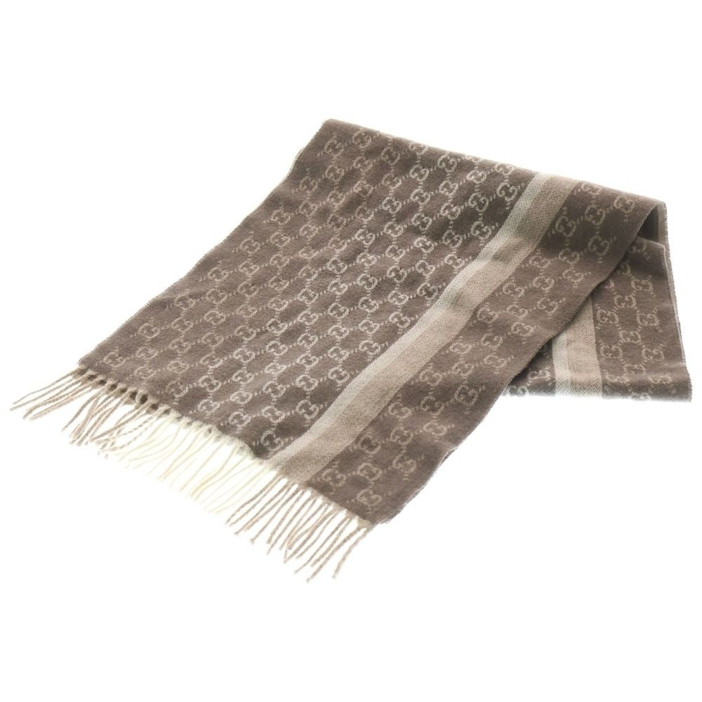 Gucci GG Pattern Wool Fringe Muffler Brown Scarf
