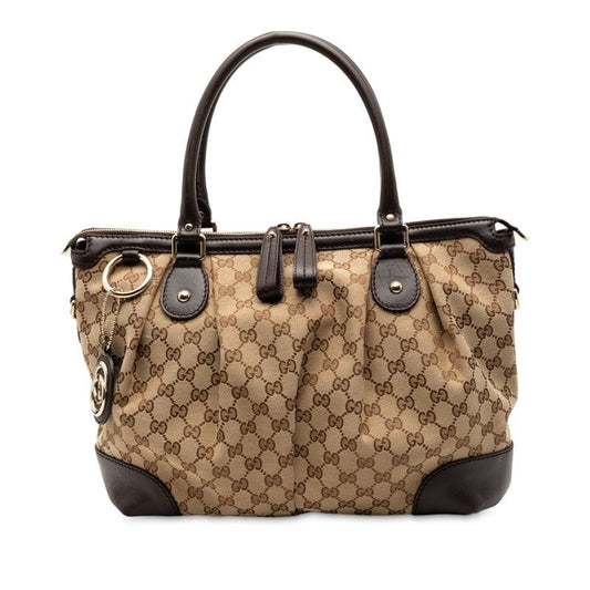 Gucci GG Canvas Ski Tote Beige Brown Leather