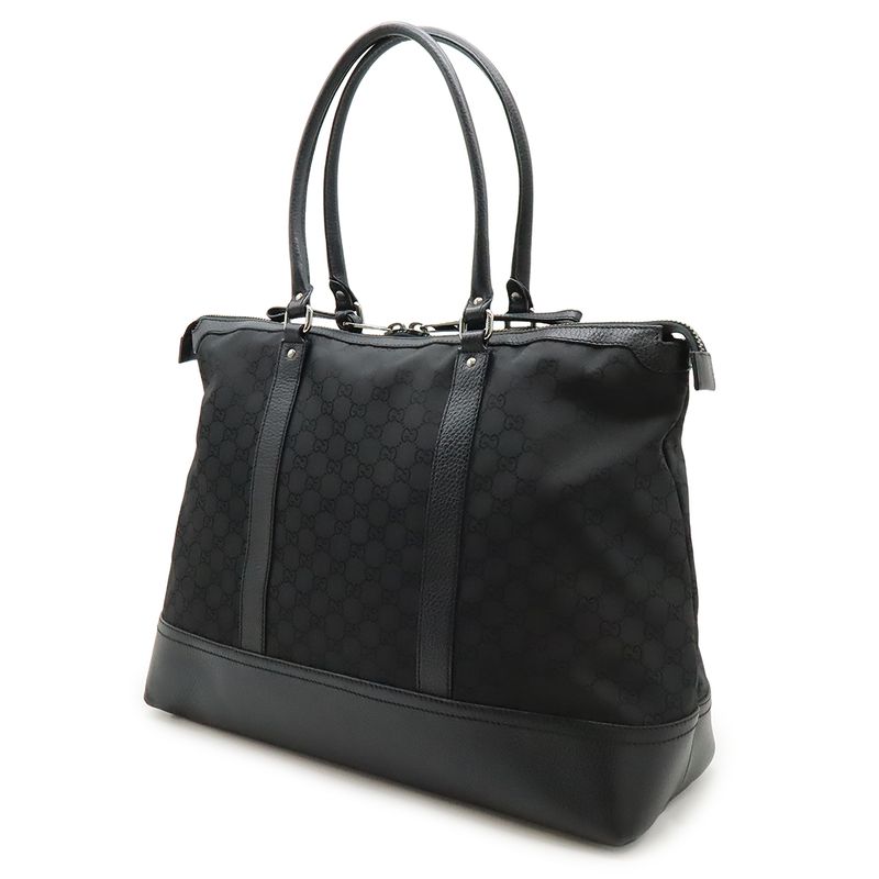 Gucci GG Nylon Tote Shoulder Bag Leather Black Silver Hardware Outlet Item