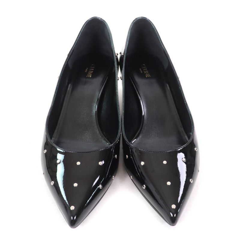 Celine Studded Pointed Toe Patent Leather Pumps Black Silver Hardware 36.5 With
