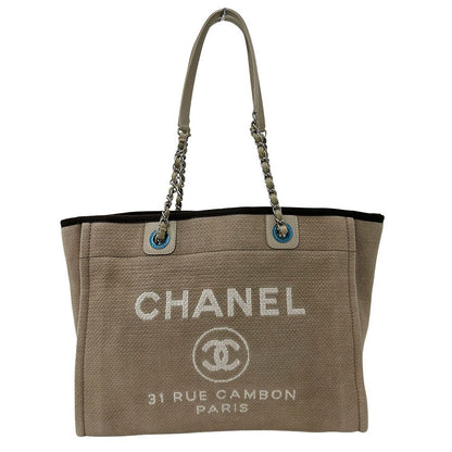 Chanel Bag Tote Deauville Chain Canvas Beige Silver