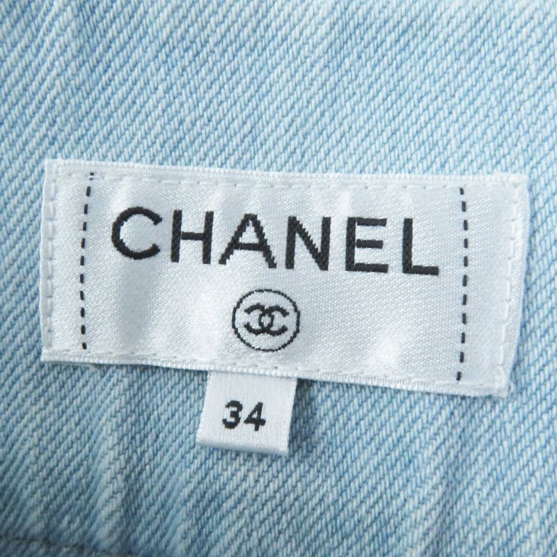 CHANEL P58766 Cotton Striped Hem Cut Off Denim Skirt Light Blue 34 Made In