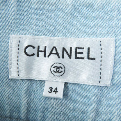 CHANEL P58766 Cotton Striped Hem Cut Off Denim Skirt Light Blue 34 Made In