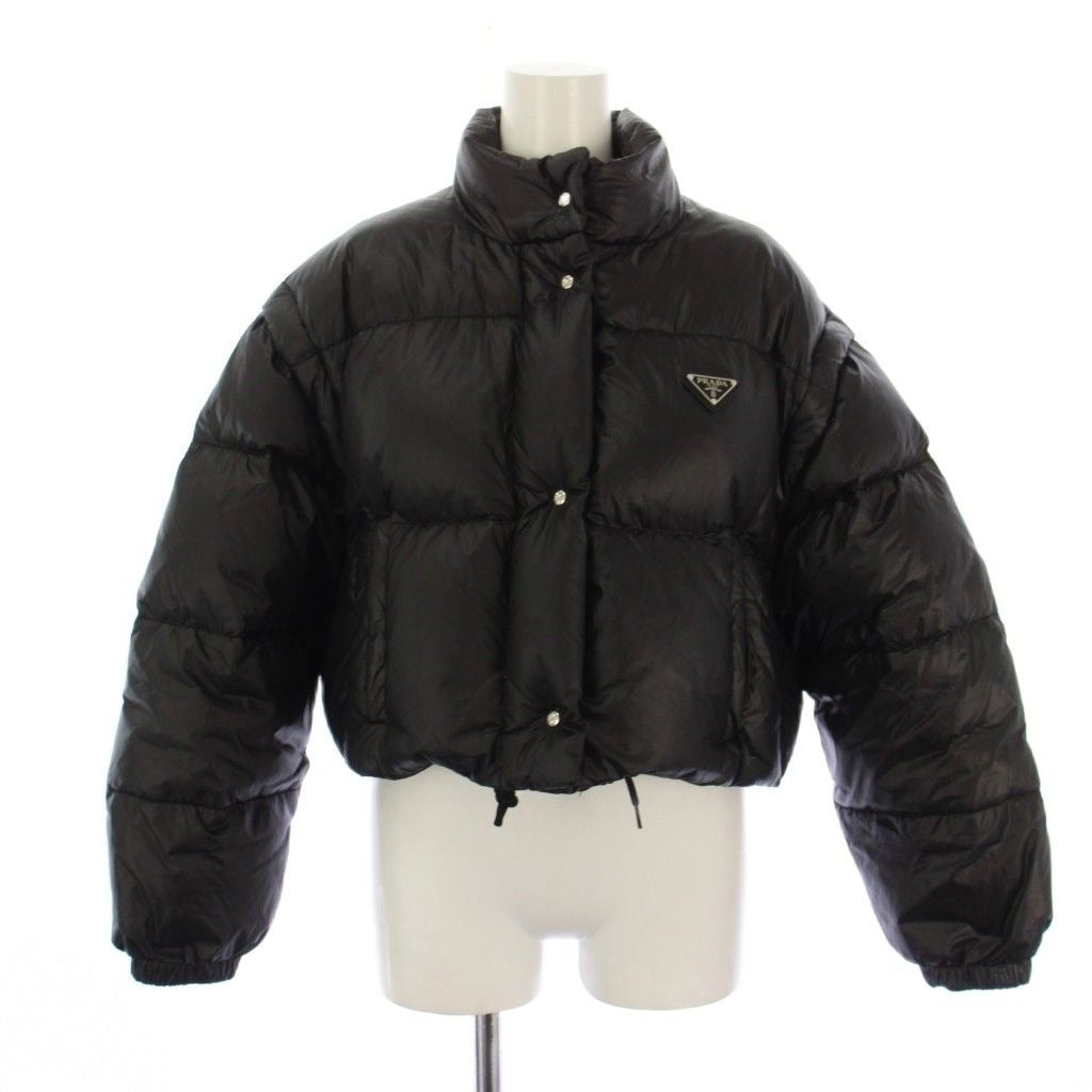 Prada Re-Nylon Cropped Down Jacket 2-Way Stand Collar 36 Black