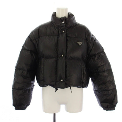 Prada Re-Nylon Cropped Down Jacket 2-Way Stand Collar 36 Black