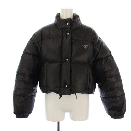 Prada Re-Nylon Cropped Down Jacket 2-Way Stand Collar 36 Black