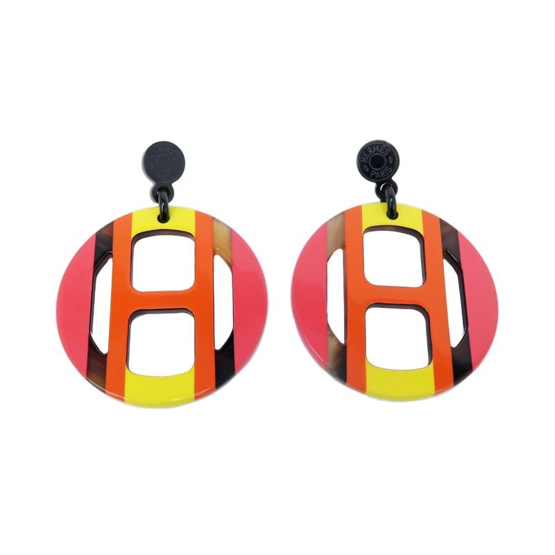 Hermes Earrings H Equipe Buffalo Horn Pair Multicolor Pink Accessories