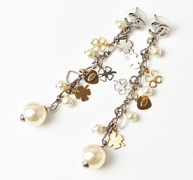Chanel Earrings Chanel Clover Heart Motif Swing Pearl Silver Gold
