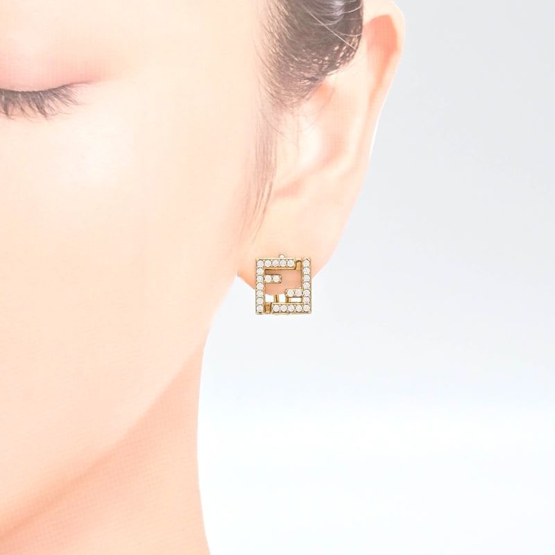 Fendi Forever Earrings FF Motif White Crystal Zirconia Gold Polished