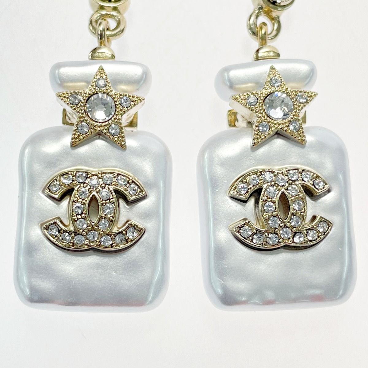Chanel Perfume Bottle Swing Earrings Gold Coco Mark GP Rhinestone Fake