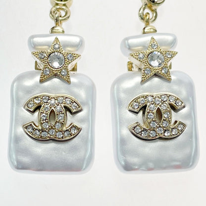 Chanel Perfume Bottle Swing Earrings Gold Coco Mark GP Rhinestone Fake