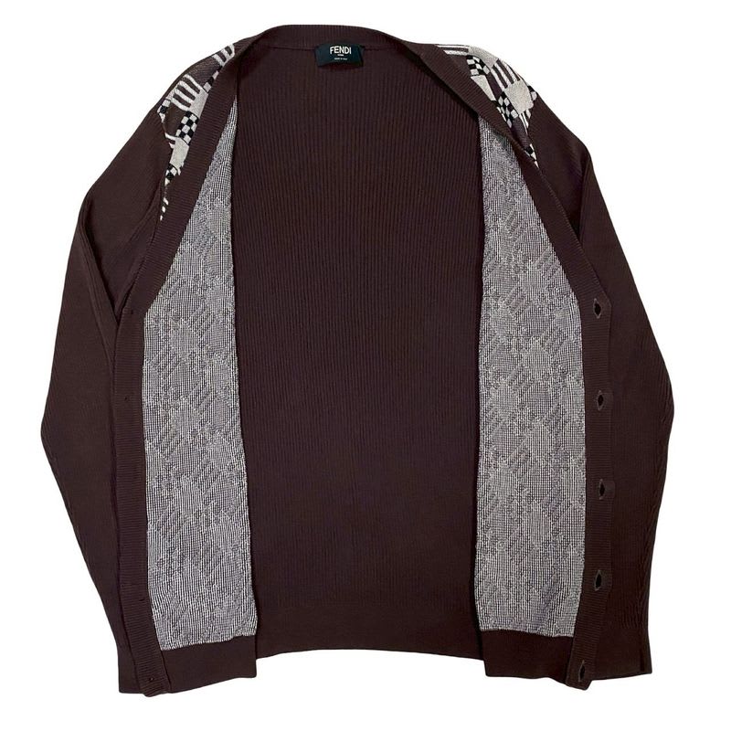 Fendi All-over Pattern Rib Knit Cotton V-neck Cardigan Men's Size 48 Brown