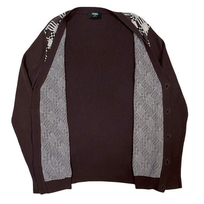 Fendi All-over Pattern Rib Knit Cotton V-neck Cardigan Men's Size 48 Brown