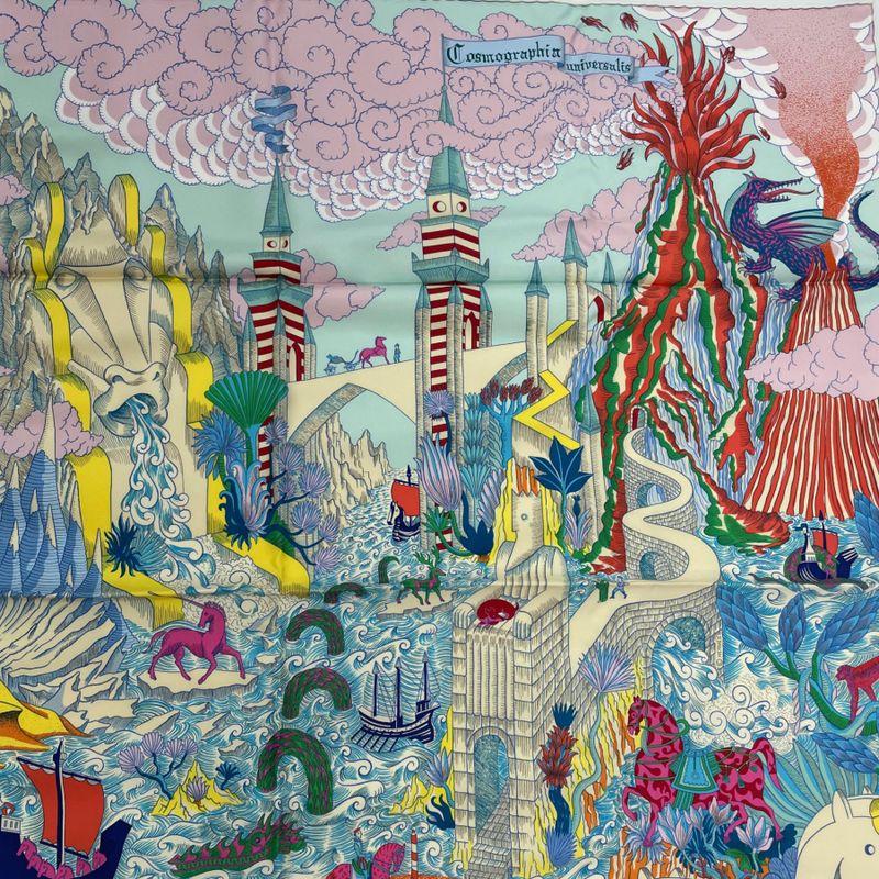 Hermes Carre 90 Silk Cosmo Graphia Universalis Space Magazine Scarf Multicolor