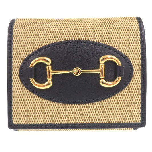 Gucci Horsebit Canvas Leather Beige Bifold Wallet 0394