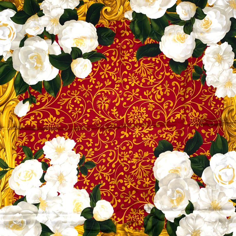 Chanel Camellia Silk Scarf Large Red X Gold X White