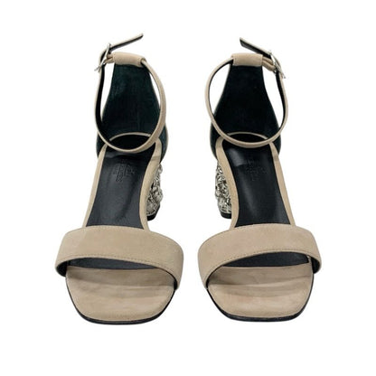 Hermes Gram 60 Sandals Shoes Suede Beige Silver Chaine D'ancre Metal Heel Strap