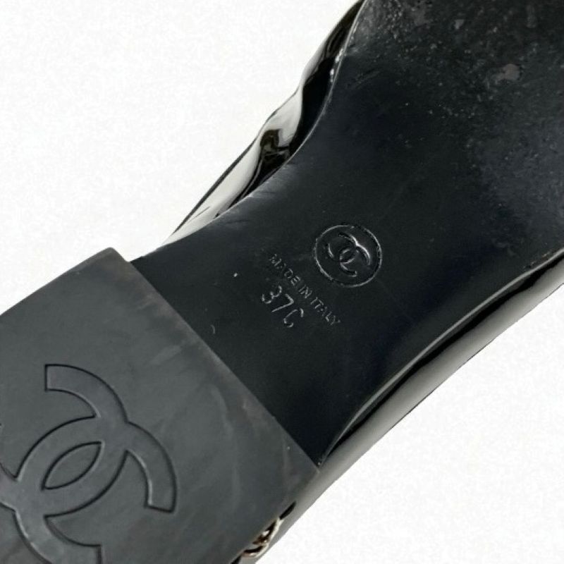 Chanel Loafers Leather Shoes Patent Black White Silver Here Mark Chain Flat