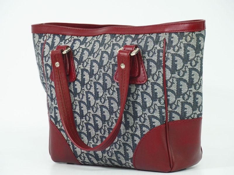 Authentic Christian DIOR Trotter Tote Handbag Canvas Leather Navy Bordeaux