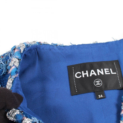 Chanel CC Logo Button Tweed Blue Jacket — view 8