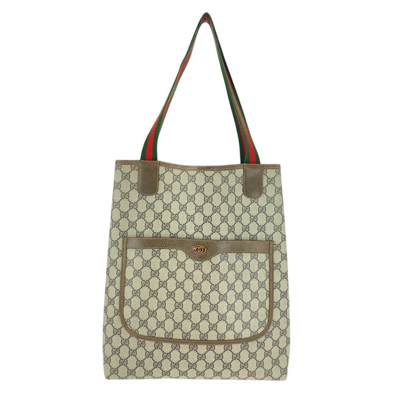 Gucci Vintage Sherry Line Beige Brown GG Supreme Canvas Tote Shoulder Bag 505385