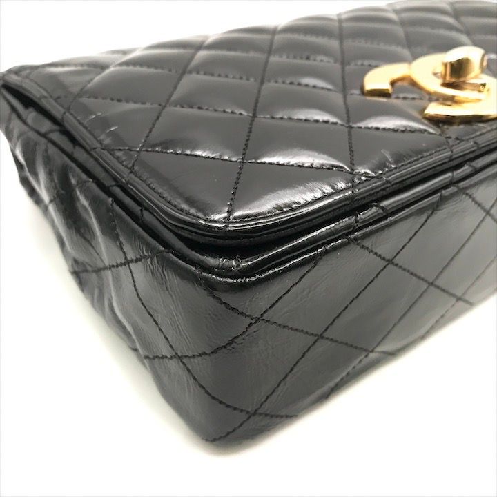 Chanel CC Logo Quilted Calf Enamel Full Flap Chain Shoulder Bag Black