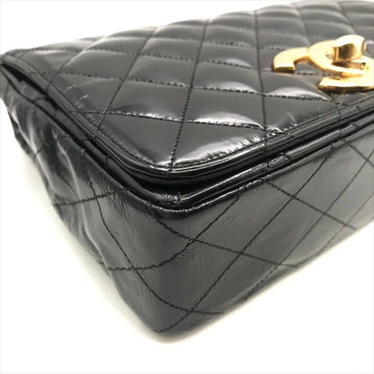 Chanel CC Logo Quilted Calf Enamel Full Flap Chain Shoulder Bag Black