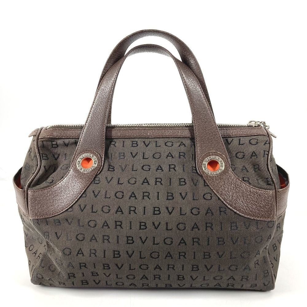 Bvlgari Logo Mania Mini Boston Bag Leather Canvas Brown