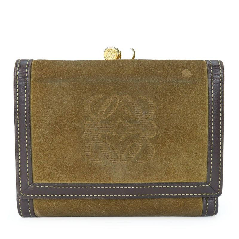 Loewe Trifold Wallet Suede Leather Khaki Brown Gold Hardware Anagram Clasp