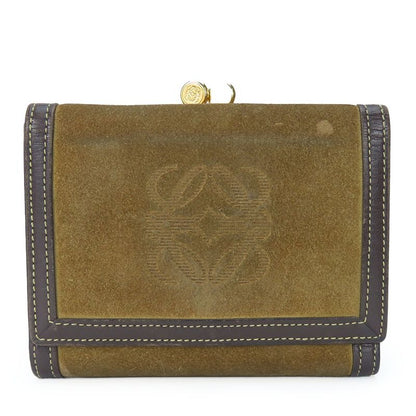 Loewe Trifold Wallet Suede Leather Khaki Brown Gold Hardware Anagram Clasp