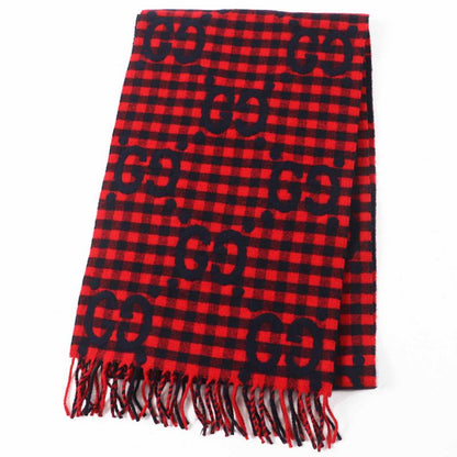 Gucci 644365 Wool Jumbo GG Checked Jacquard Scarf With Fringe Red Black 240 X
