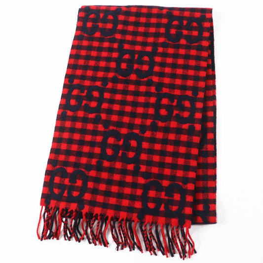 Gucci 644365 Wool Jumbo GG Checked Jacquard Scarf With Fringe Red Black 240 X