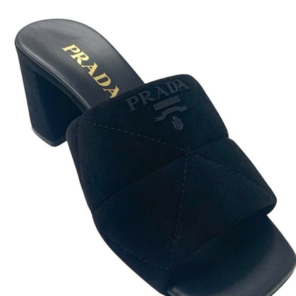 Prada Sandals Shoes Suede Leather Black Unused Logo Velvet Mules