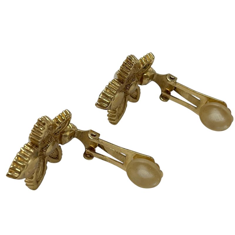 Christian DIOR Earrings Metal Faux Pearl Colored Stone Flower Gold