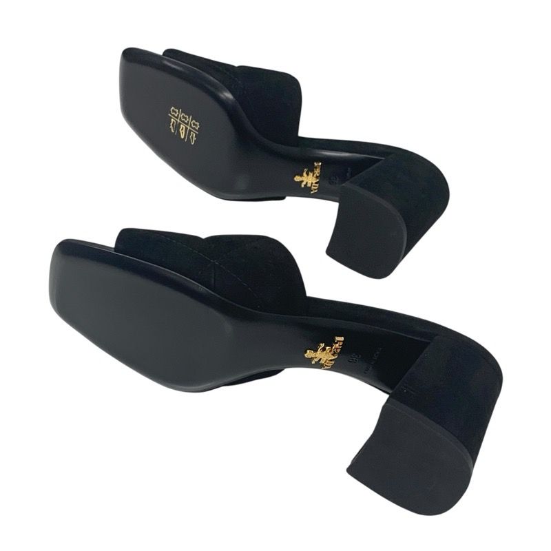 Prada Sandals Shoes Suede Leather Black Unused Logo Velvet Mules