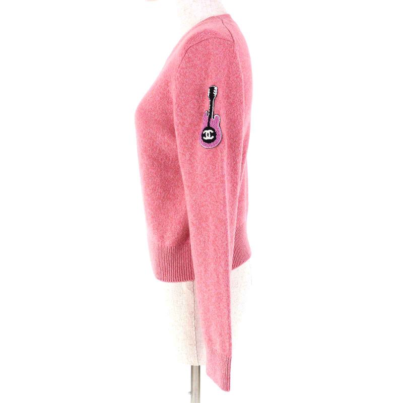 CHANEL P77562 98% Cashmere Coco Mark Guitar Patch Crewneck Long Sleeve Knit