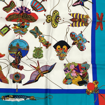 Hermes Carree 90 Soies Volantes Skyward Flying Silk Scarf 100% Silk Multicolor