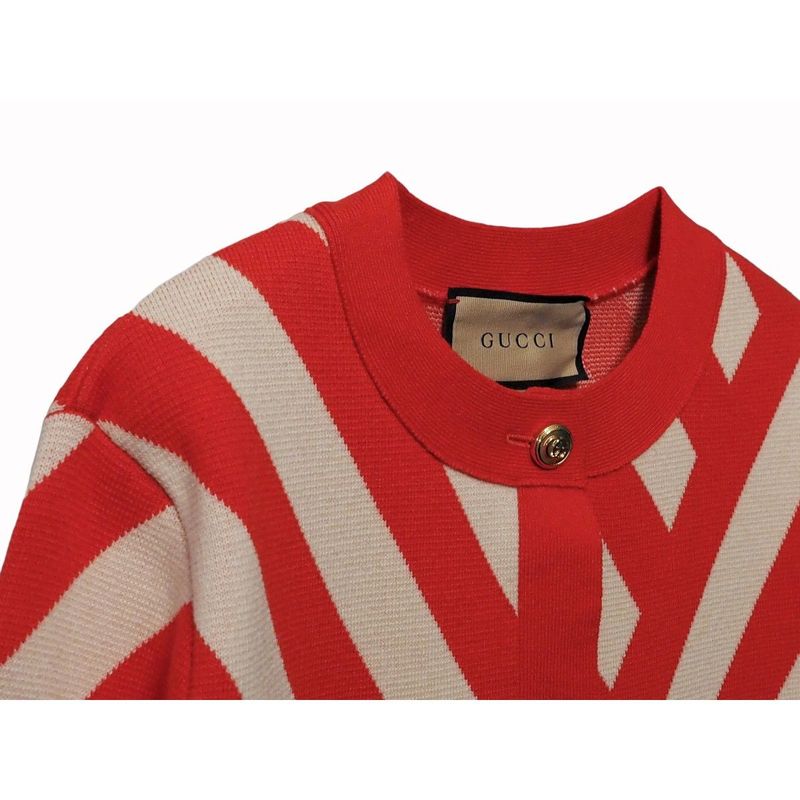 Gucci Striped Cardigan Womens Wool Red Ivory Gold Tone Double G
