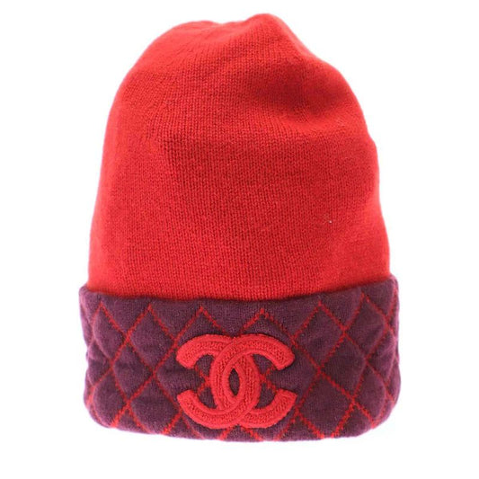 Chanel Coco Mark Bicolor Cashmere Beanie Knit Cap Red Purple