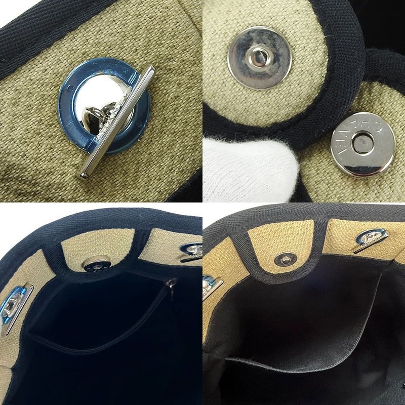 Chanel Tote Bag PM Chain Shoulder Deauville 16th Canvas Beige Black Silver