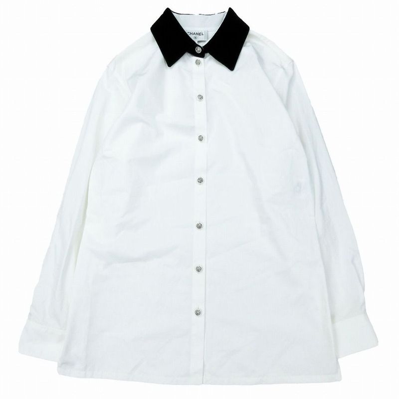 Chanel 22b Lion Button Velour Collar Shirt Long Sleeve Top White Size M Women's